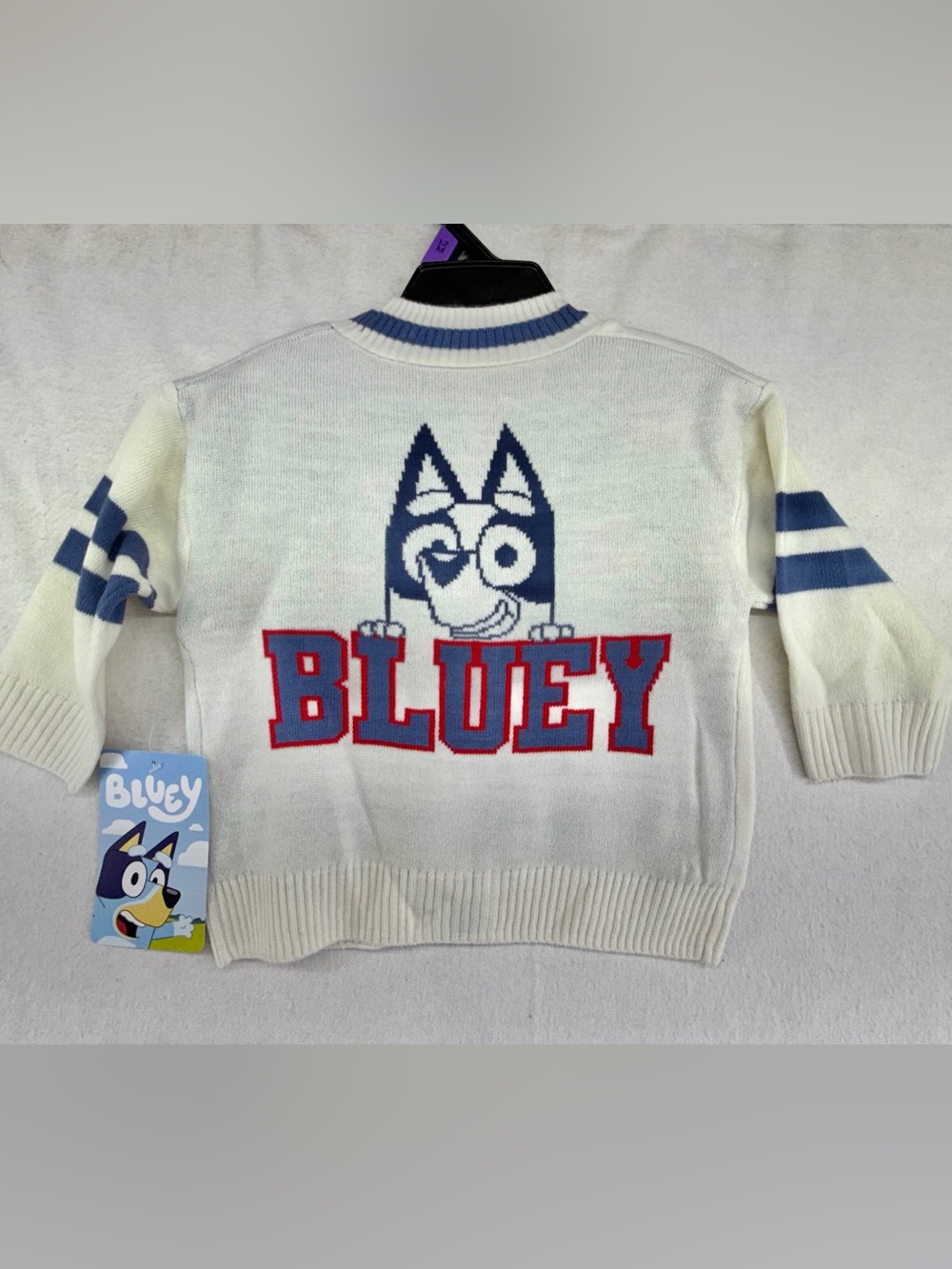 Bluey White Knit Sweater with Blue Stripes and Red Logo